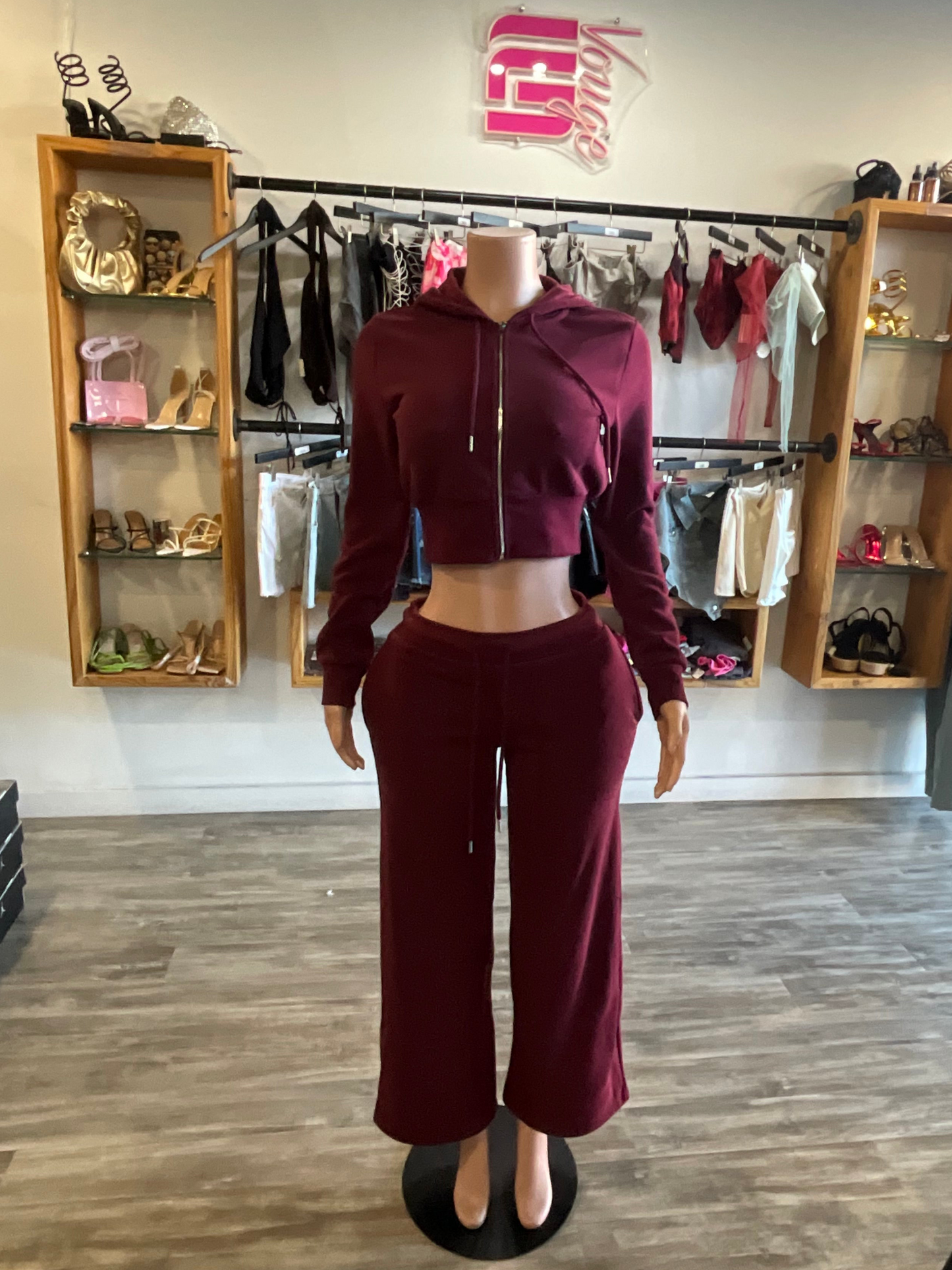 Vogue Fleece Zip Up Pant Set - Burgundy