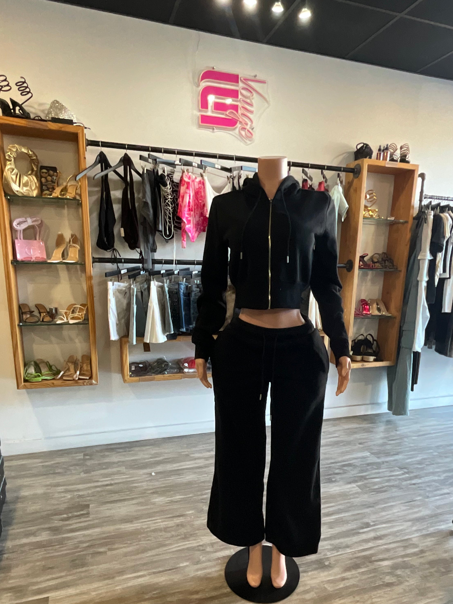 Vogue Fleece Zip Up Pant Set - Black